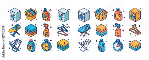 Colorful laundry icons: washing machines, detergents, irons, and