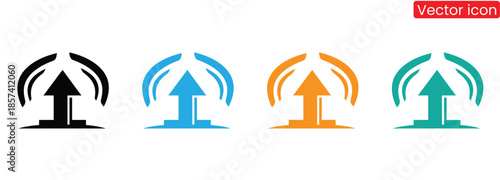 Set of modern vector icons depicting signals with arrows pointing up in different colors, ideal for technology and communication concepts
