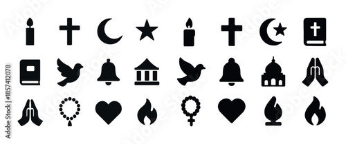 Collection of religious symbols and icons: cross, crescent, star