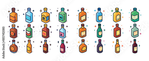 Colorful collection of cartoon bottles with various labels and d
