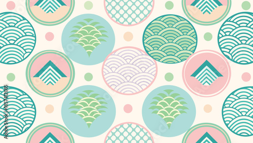 A collection of vibrant geometric patterns featuring various shapes and colors arranged in an artistic display..eps