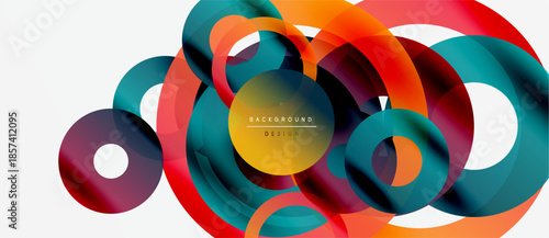 Abstract colorful circles overlap creating dynamic modern design. Bright hues blend, forming interesting visual texture.