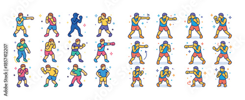 Colorful cartoon characters practicing boxing techniques in vari