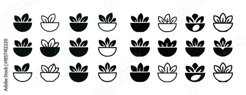 Minimalist black and white succulent icons in geometric pots