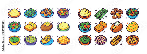 Assorted colorful icon set of various delicious side dishes