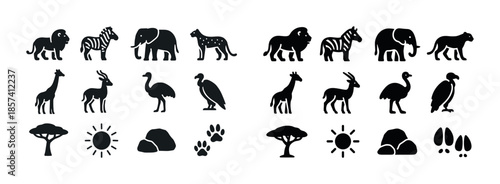 African wildlife silhouettes: lions, elephants, zebras, giraffes