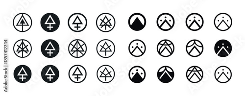 Set of geometric nature-inspired symbols in black and white circ