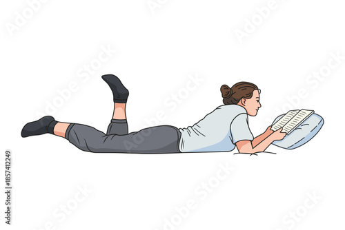 Young woman lying on her stomach and reading a book, home leisure and mental health concept. Flat. Vector. Literary gourmet