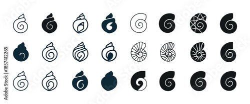 Black and white nautilus shell icons in various designs