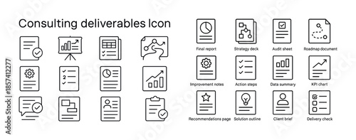 Consulting deliverables icon set - strategy, analysis, reporting