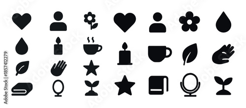 Set of black icons: heart, flower, teardrop, candle, cup, leaf,