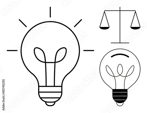 Innovation, creativity, law, transparency, fairness, ethics. A light bulb and a justice scale in black and white. Innovation and fairness new ideas and justice principles