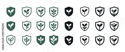 Green and black leaf icons on shields representing nature and pr