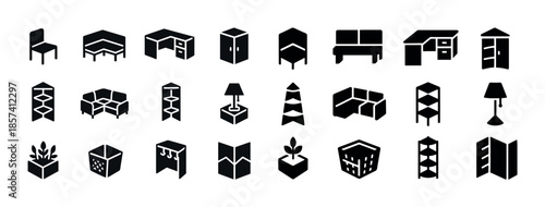 Collection of furniture icons including chair, desk, and lamp de