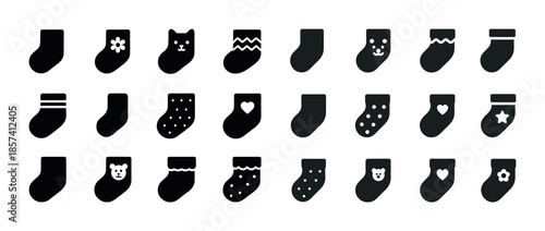 Variety of black and white sock icons with cute designs and patt