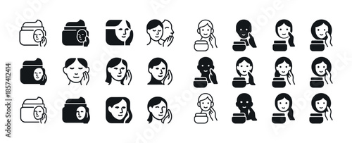 Skincare icons set: diverse facial care symbols in black and whi