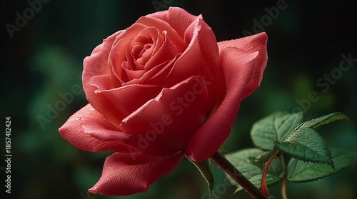 A close-up view of a vibrant red rose in full bloom, showcasing its delicate petals and green leaves