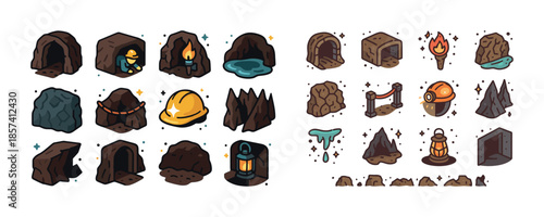 Cartoon mining icons: equipment, caves, tools, and rock elements