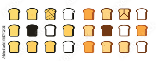 Diverse bread loaf icon set in various shades and patterns on wh