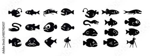 Silhouettes of various stylized fish with diverse shapes and fea
