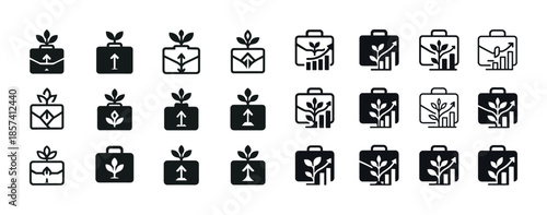 Set of business growth icons with briefcases and leaves in vario