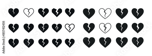 Set of broken heart icons in various styles on white background