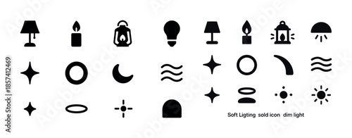 Set of various light icons featuring lamp, candle, lantern, bulb