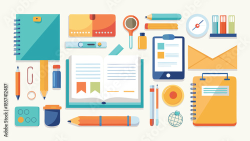 Various office supplies displayed, including notepads, pens, paper clips, and other essential stationery items..eps