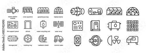 Space station icons: modules, greenhouses, solar arrays, control
