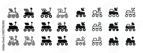 Set of various rover icons with antennas and solar panels