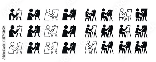 Set of artist icons depicting people drawing on easels