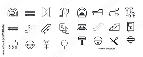 Subway structure icons: escalator, tunnel, phone booth, turnstil