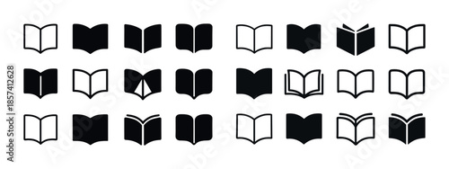 Collection of minimalist open book icons in various styles and d