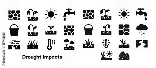 Drought impacts icons set: water shortage and environmental effe