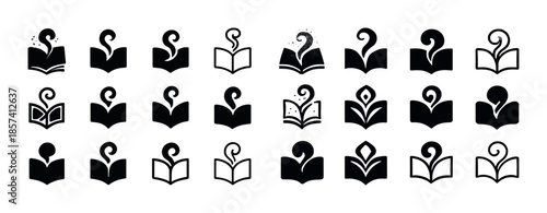 Creative book and reader icons set in minimalist black design