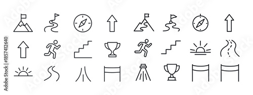 Minimalist icon set: navigation, achievement, and pathway symbol