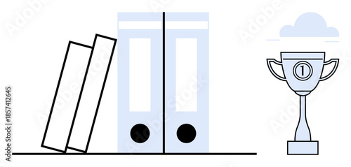 Knowledge concept. Knowledge ed through books and document binders alongside a trophy. Knowledge fosters organization, growth, and achievement. For education, office work, motivation, awards