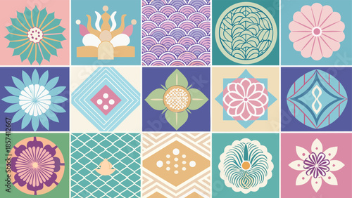 A collection of 12 seamless patterns featuring soft pastel colors in various designs and textures..eps