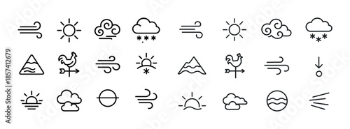 Weather icons set featuring sun, clouds, wind, and mountains in