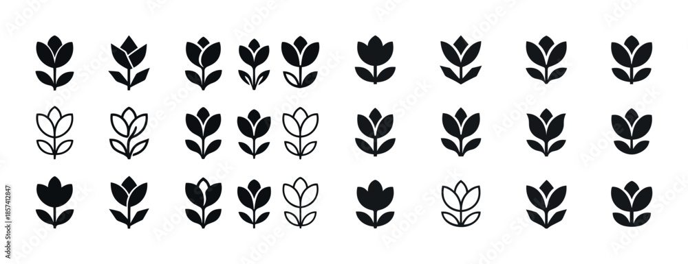 Obraz premium Collection of black tulip icon variations on white background