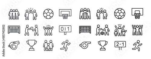 Simple line icons depicting soccer and basketball scenes
