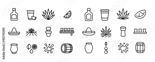 Set of hand-drawn icons of tequila, agave, shots, and barrels