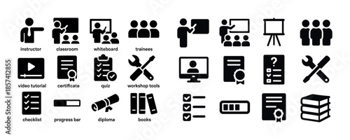 Educational icons set: instructor, classroom, workshop tools, vi