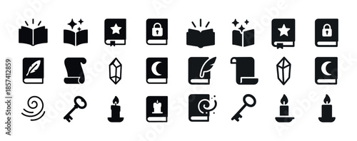 Collection of black magical and mystical icon set with books, ke