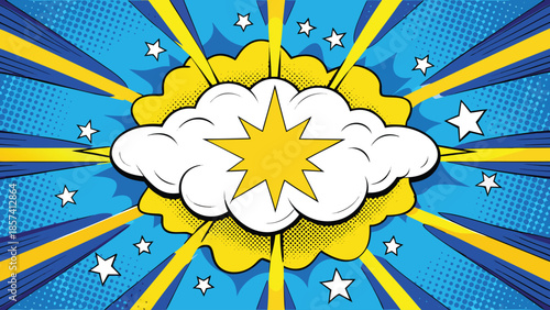 Colorful pop art background featuring vibrant stars and fluffy clouds against a bright backdrop..eps