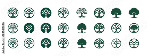 Collection of green tree symbols in circular and standalone desi