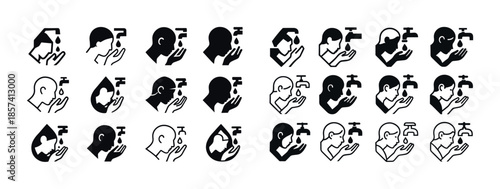 Water conservation icons: handwashing and faucets in various sty