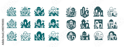 Collection of stylized underwater cityscape icons with marine el