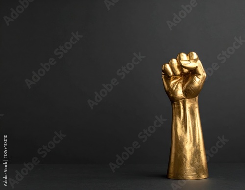 Golden fist statue symbolizing power, strength, and solidarity. Minimalist banner with raised gold fist symbol as abstract sculpture on dark background. For Juneteenth, Black Histry Month. 