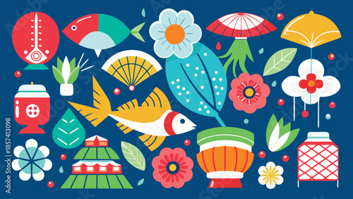 Japanese spring collection vector clipart featuring vibrant cherry blossoms and seasonal elements..eps